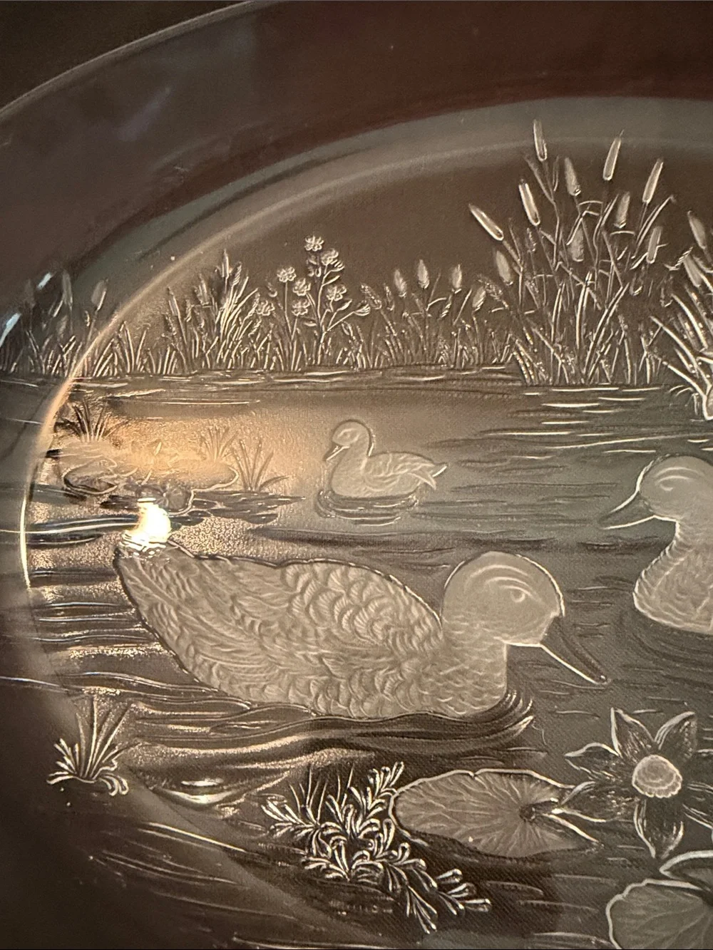 Vintage frosted Glass Duck-Scene Serving Platter embossed pond scene.